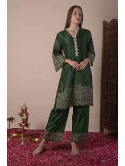 SURABHI ARYA - Green Silk Embroidered Kurta With Palazzo Co-ords