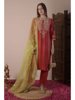 SURABHI ARYA - Rust Chanderi Embroidered Kurta With Pant and Dupatta