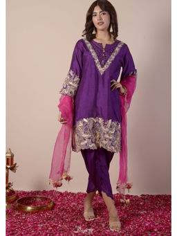 SURABHI ARYA - Purple Silk Embroidered Kurta With Dhoti and Dupatta