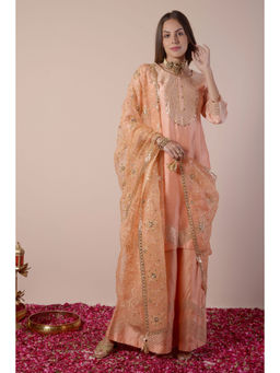 SURABHI ARYA - Peach Silk Embroidered Kurta With Sharara and Dupatta