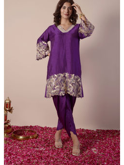 SURABHI ARYA - Purple Silk Embroidered Kurta With Dhoti Co-ords
