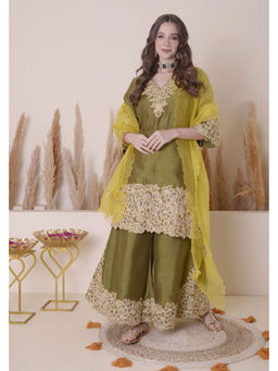 SURABHI ARYA - Olive Silk Embroidered Kurta With Sharara and Dupatta