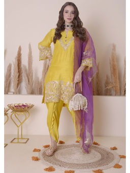 SURABHI ARYA - Yellow Silk Embroidered Kurta With Dhoti and Dupatta