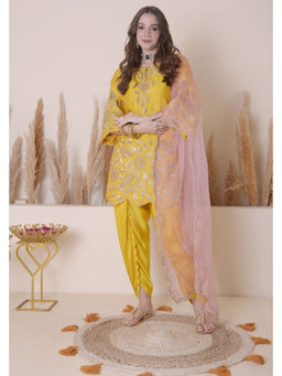 SURABHI ARYA - Yellow Pure Cotton Embroidered Kurta With Dhoti and Dupatta