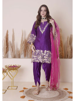 SURABHI ARYA - Purple Silk Embroidered Kurta With Dhoti and Dupatta