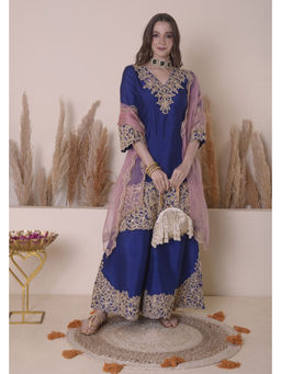 SURABHI ARYA - Blue Silk Embroidered Kurta With Sharara and Dupatta