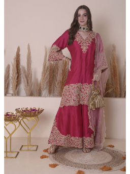 SURABHI ARYA - Red Silk Embroidered Kurta With Sharara and Dupatta