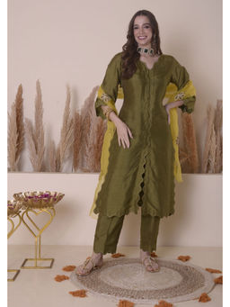 SURABHI ARYA - Olive Silk Solid/Plain Kurta With Pant and Dupatta