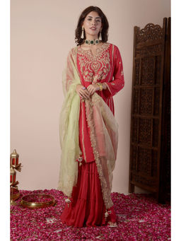 SURABHI ARYA - Red Georgette Embroidered Kurta With Sharara and Dupatta