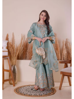 SURABHI ARYA - Green Silk Embroidered Kurta With Sharara and Dupatta
