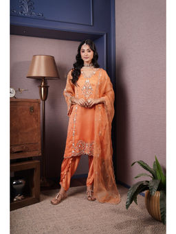 SURABHI ARYA - Orange Organza Embroidered Kurta With Dhoti and Dupatta