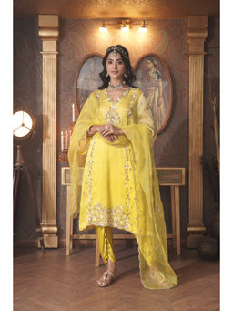 SURABHI ARYA - Yellow Organza Embroidered Kurta With Dhoti and Dupatta