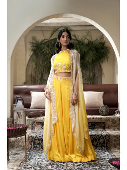 SURABHI ARYA - Yellow Silk Embroidered Crop Top With Sharara and Cape