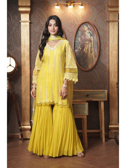 SURABHI ARYA - Yellow Cotton Embroidered Kurta With Gharara and Dupatta