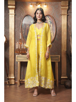 SURABHI ARYA - Yellow Organza Embroidered Top With Pant With Jacket