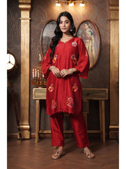 SURABHI ARYA - Burgundy Bamboo Silk Floral Kurta With Pant Co-ords