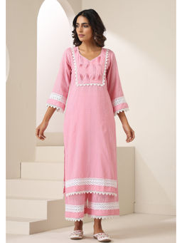 SUI KALA - Lyra Pastel Pink Pure Cotton V Neck Kurta Set