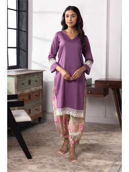 SUI KALA - Isabella Purple Mulmul V Neck Kurta Set