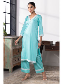 SUI KALA - Novella Aqua Blue Cotton Solid Kurta Set