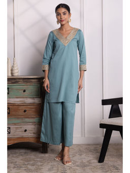 SUI KALA - Camille Teal Olive Cotton Plain Kurta Set