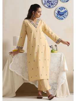 SUI KALA - Kelsey Beige Embroidered V Neck Kurta Set