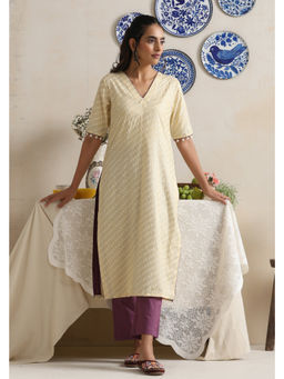 SUI KALA - Juniper Yellow Pure Cotton Printed V Neck Kurta Set