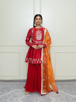 Sheetal Batra - Shahana-Scarlet Red Georgette Kurta with Sharara and Dupatta
