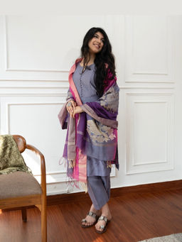 The Hemming Bird - Lilac Cotton Slub Kurta With Pant And Multicolour Chanderi Dupatta