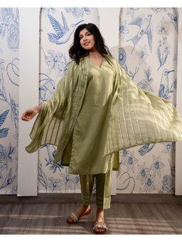 The Hemming Bird - Sage Radiance Zari Cotton Kurta With Pant And Dupatta