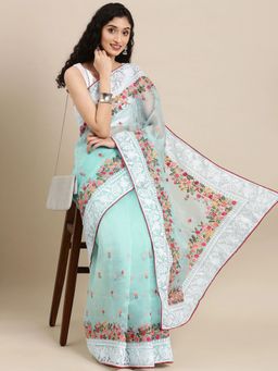 Vastranand - Blue & Pink Ethnic Motifs Organza Saree with Unstitched Blouse