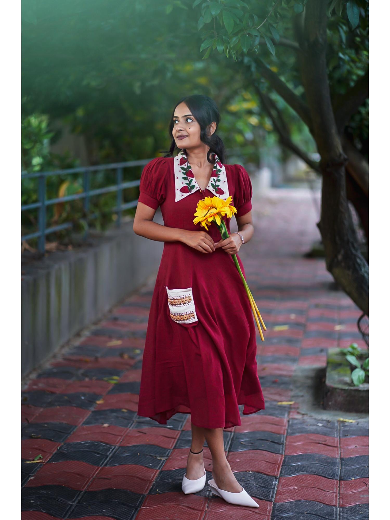 monri Red Puff Sleeve Flared Cotton Midi Dress-picture-20