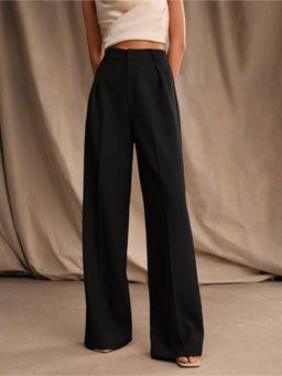 Fnocks - Black Casual High-Waisted Wide-Leg Baggy Pant for Women