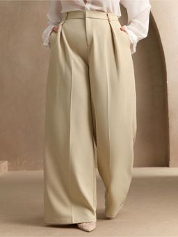Fnocks - Cream Casual High-Waisted Wide-Leg Baggy Pant for Women
