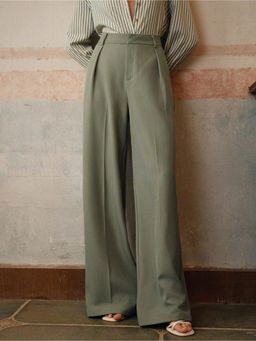 Fnocks - Green Casual High-Waisted Wide-Leg Baggy Pant for Women