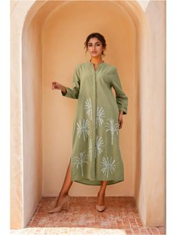 Zolo Label - Olive Green Embroidered Midi Shirt Dress