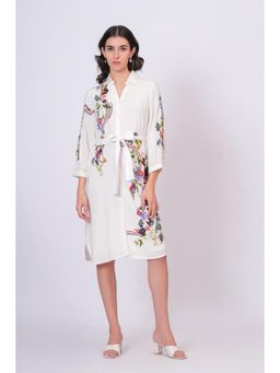 Zolo Label - Lily White Printed Knee Length Shirt Dress with Belt