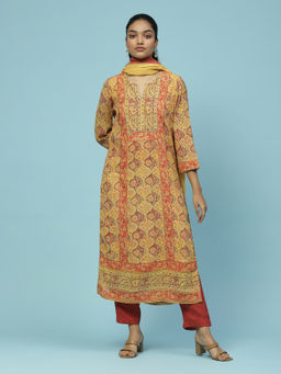 Aarke Ritu Kumar - Yellow Printed Kurta With Pant And Dupatta (Set of 3)