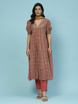 Aarke Ritu Kumar - Brown Printed Kurta With Pant And Dupatta (Set of 3)