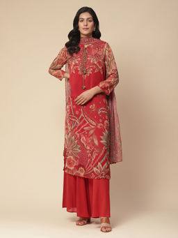 Aarke Ritu Kumar - Red Floral Print Kurta With Palazzo And Dupatta (Set of 3)