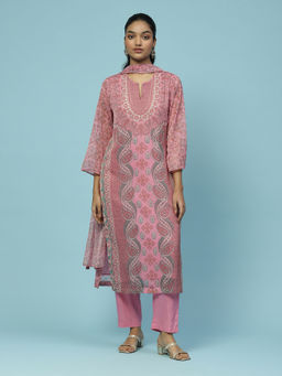 Aarke Ritu Kumar - Pink Paisley Print Kurta With Pant And Dupatta (Set of 3)