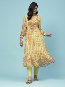 Aarke Ritu Kumar - Yellow Floral Print Kurta With Pant And Dupatta (Set of 3)
