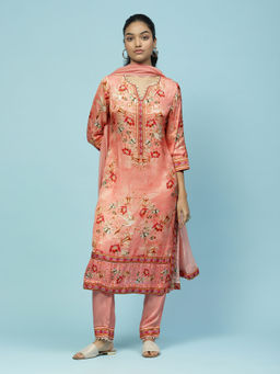 Aarke Ritu Kumar - Peach Floral Print Kurta With Pant And Dupatta (Set of 3)