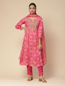 Aarke Ritu Kumar - Pink Print Kurta With Pant And Dupatta (Set of 3)