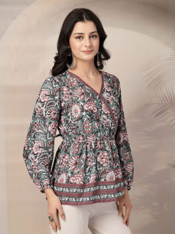 Style Quotient - Women Floral Printed Green and Multi Polyviscose Peplum Tunic Top