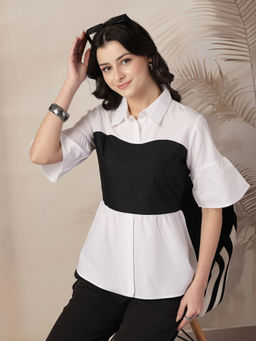 Style Quotient - Women Color Block White and Black Semi Formal Polycotton Top