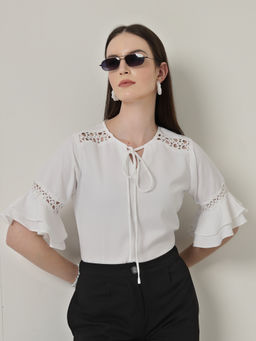 Style Quotient - Women Solid White Polymoss Regular Fit Smart Casual Lace Insert Top