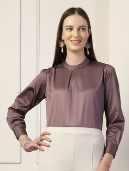Style Quotient - Women Solid Mauve Satin Regular Pleated Top