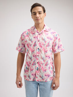 Pepe Jeans - Men Peach Floral Print Resort Collar Shirt