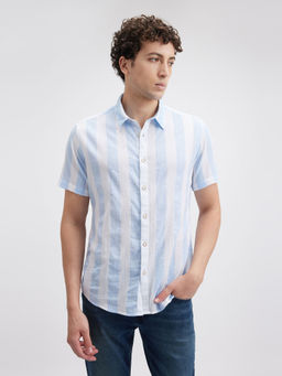 Pepe Jeans - Men Blue Crinkle Stripe Short Sleeve Shirt