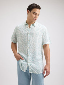 Pepe Jeans - Men Blue Leaf Print Short Sleeve Linen Shirt